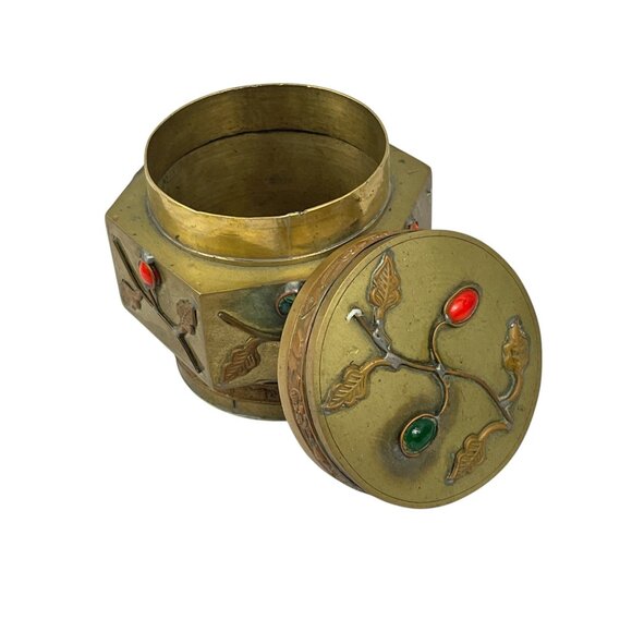 Vintage Chinese Brass Trinket Box With Enamel Inlays Decorative Lid Snuff - Picture 6 of 13